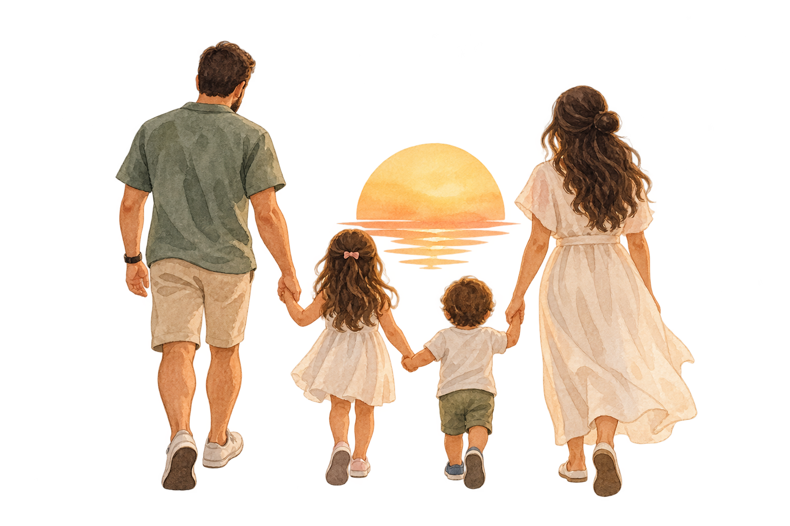 Ilustração em aquarela de pais caminhando com os filhos